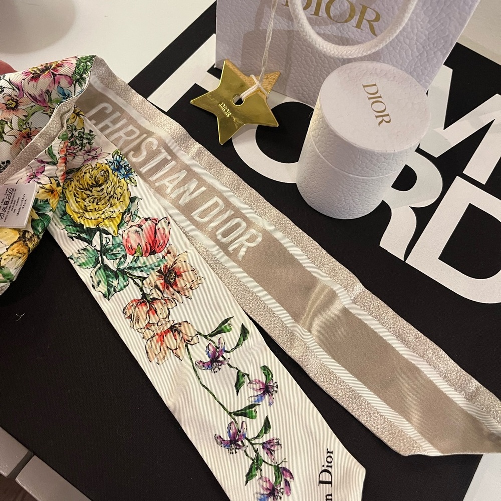 Dior Beige and Floral Silk twilly Scarf NWT